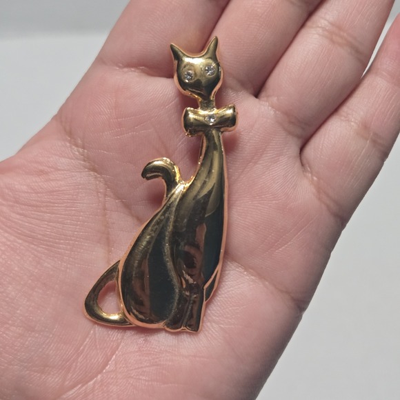 Cat Jewelry - Vintage Gold Tone Cat Brooch Pin Rhinestone Eyes & Bow Kitty Feline Jewelry Gift